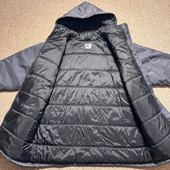 Vintage 90s Nike Dark Grey Navy Yellow Coach Puffer Long Jacket Large Zip Hood - Picture 6 of 12